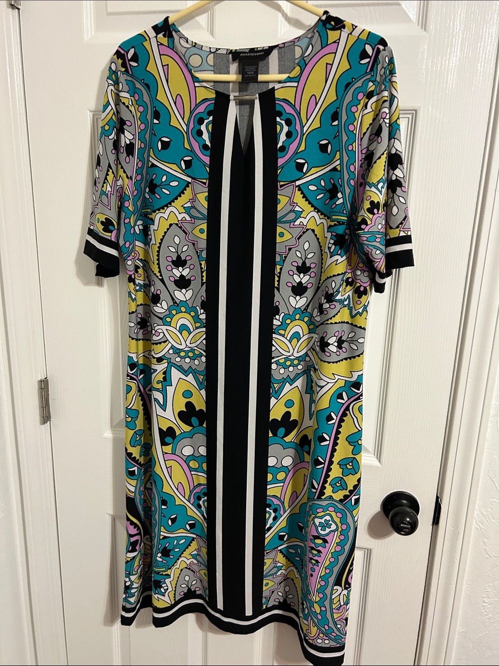 Ashley Stewart Teal Paisley Midi Dress with Black Stripe